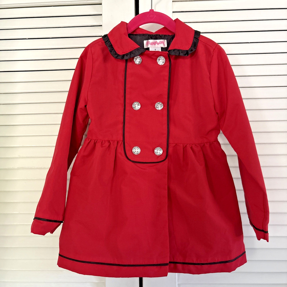 Flapdoodles Pea Coat Red Black Trim Girls Size 5 Diamond Buttons Jacket Vtg